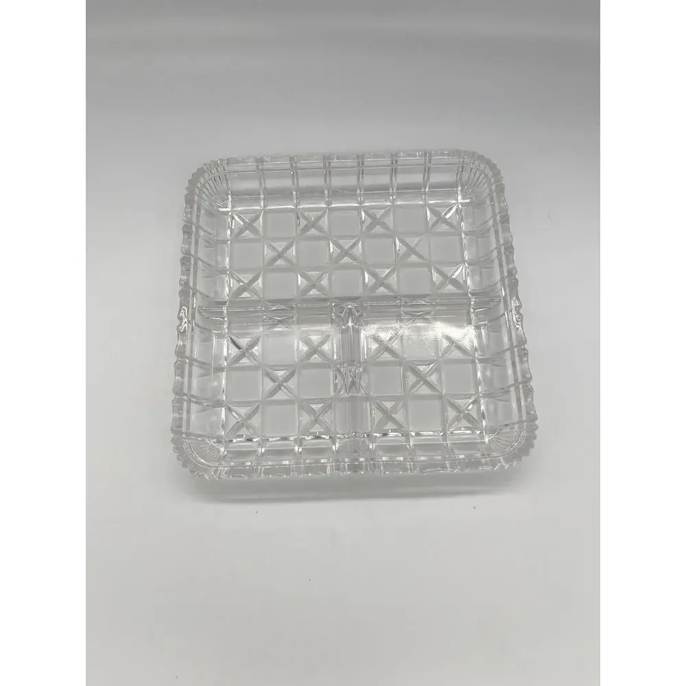 Vintage Indiana Glass Clear Block & Stars 3 Part Square Relish Dish 7”
